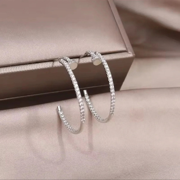 Silver Nail Crystal Hoop Earrings - Picture 5 of 6